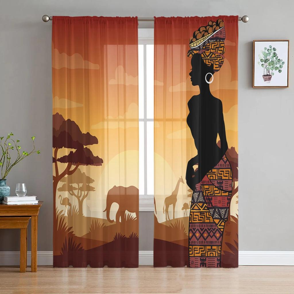Afrikanische Frauen Ethnische Giraffe Elefant Tüll Vorhänge Für Wohnzimmer Chiffon Voile Sheer Fenster Vorhang Für Schlafzimmer