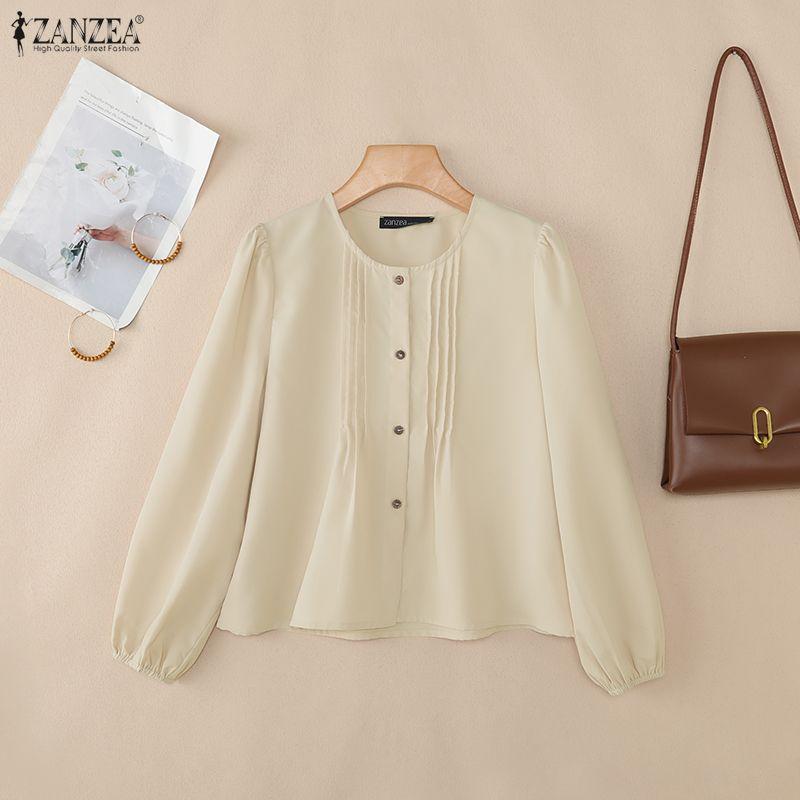 ZANZEA Chemisier décontracté à manches longues et col rond pour femme, couleur unie