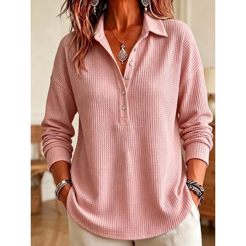 Damen S Waffelstrick Langarm Pullover T-Shirt Locker Lässiges Oberteil