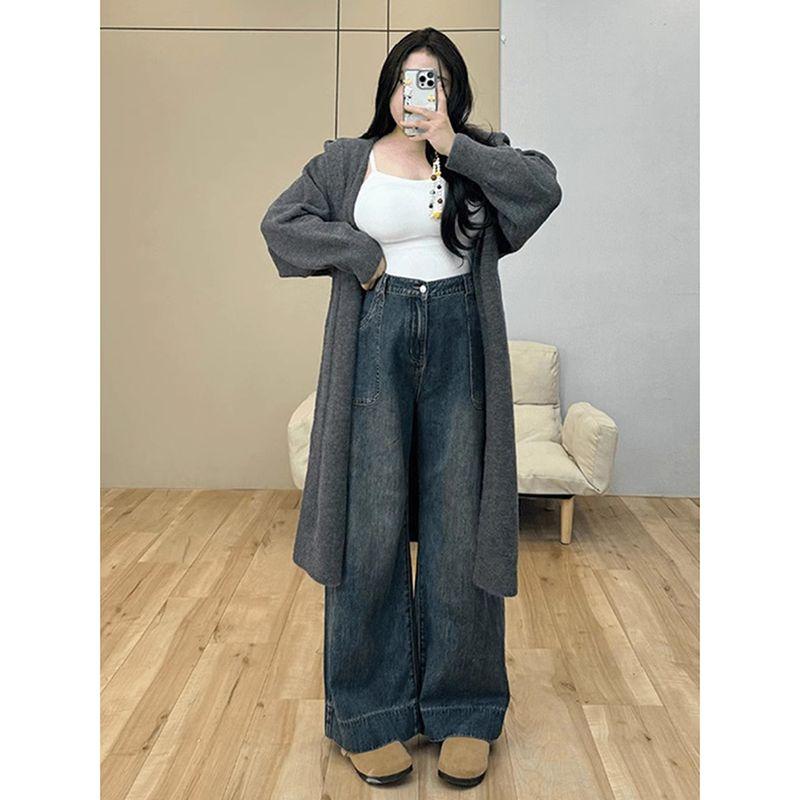 150kg Plus-Size Women's Retro Wide-Leg Jeans, New Spring Style Pants for Women, Slimming Straight-Leg Floor-Length Pants for Plus-Size Women