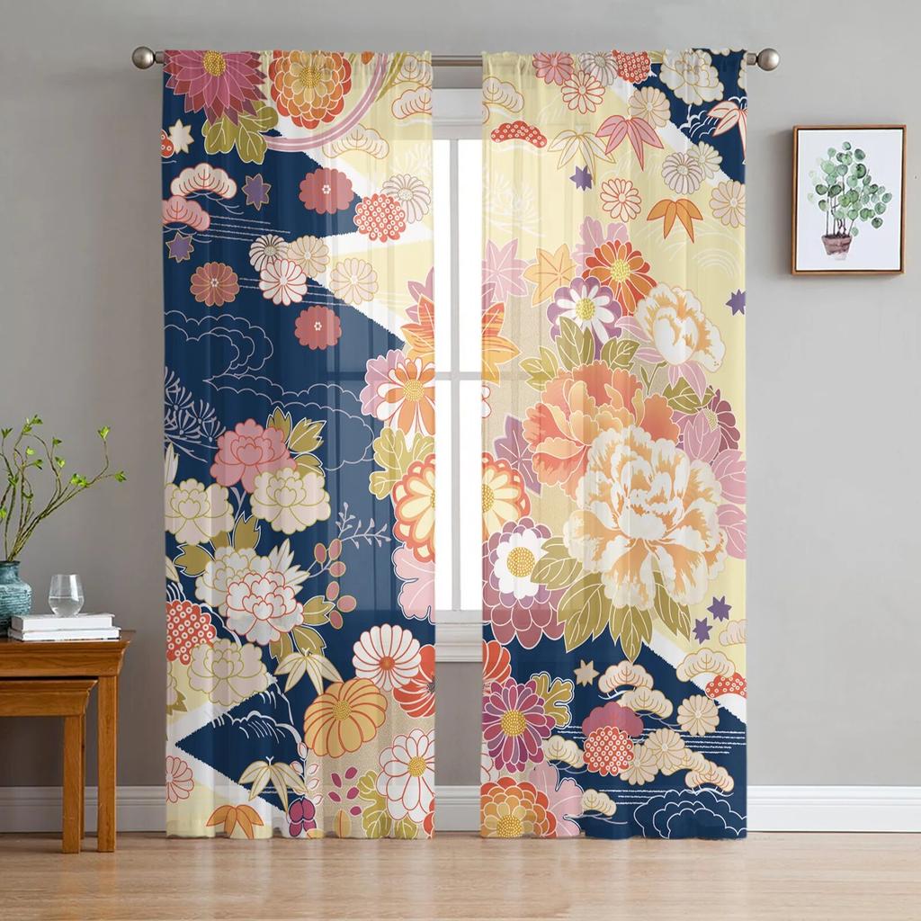 Japanese Geisha Tulle Curtains For Living Room Bedroom Decor Chiffon Sheer Voile Kitchen Window Curtain
