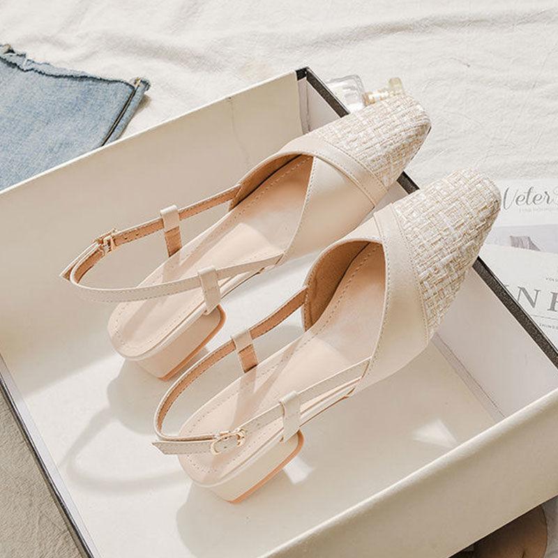 Xiaoxiangfeng Dicke Ferse Tasche Kopf Sandalen Damen Sommer 2025 neu Französisch eckiger Kopf hinten leer Rock Mode High Heels