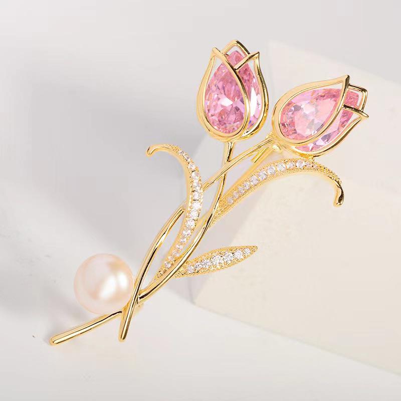 Zircon Tulip Flower Pearl Brooches For Women Sweet  Floral Lapel Pins Banquet Party Clothes Corsage Jewelry Gift