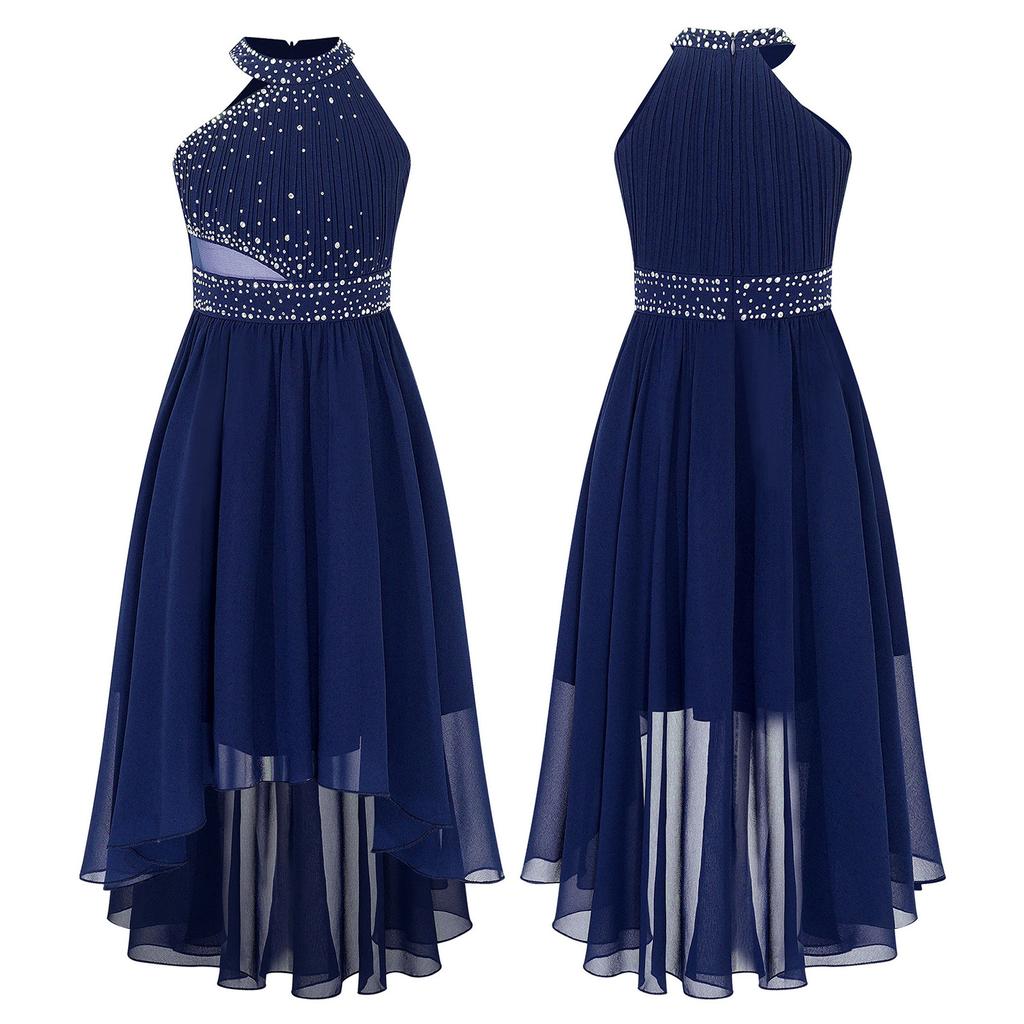 Kids Girls Shiny Rhinestone Party Dress Sleeveless Ruched Chiffon Dress High Waist Elegant Evening Formal Prom Dresses