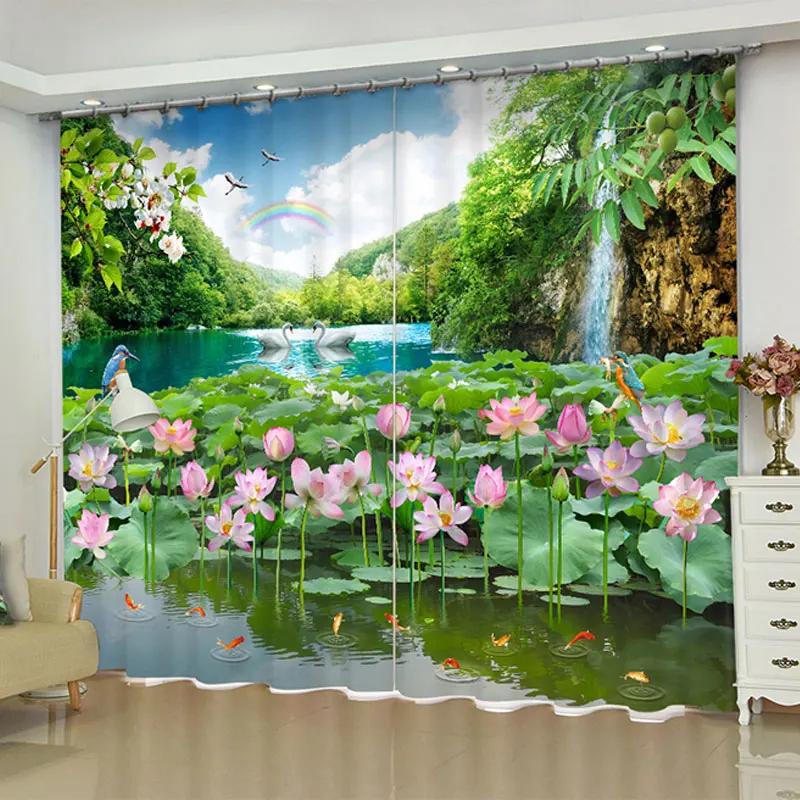 Lotus Green Lotus Flower Printed Curtain for Bedroom Living Room Floor-to-ceiling Window Kitchen Shutters Grommet Top Cortinas