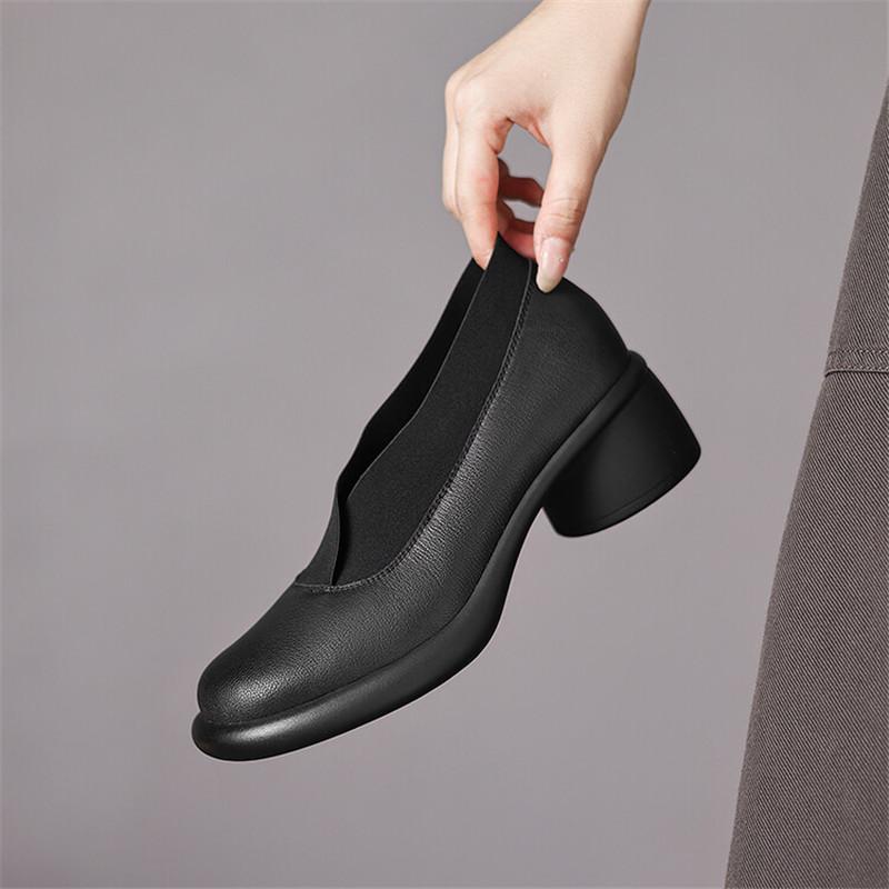 Fashion Hot New Spring Split Leather Women Shoes Round Toe Women Pumps Shoes for Women Chunky Heels Deep Mouth Loafers Zapatos Mujer