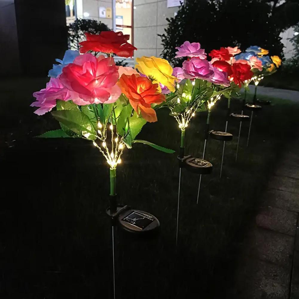 1 Bundle 7-Head Color Solar Rose Simulation Garden Light, LED Ground Inserted Atmosphere Decoration Light for Pathway Patio Gard