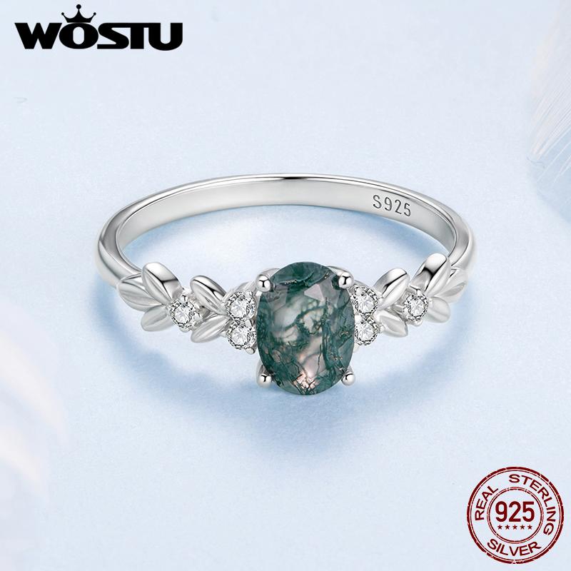 WOSTU Natural Moss Agate Ring For Women 925 Sterling Silver Oval Cut Sea Grass Agate Flower Rings Wedding Party Jewelry Gift