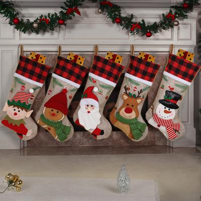 Christmas Stockings, Christmas Stocking Deer Santa Snowman Burlap Plaid Xmas Stocking Holiday Christmas Decoration For Family