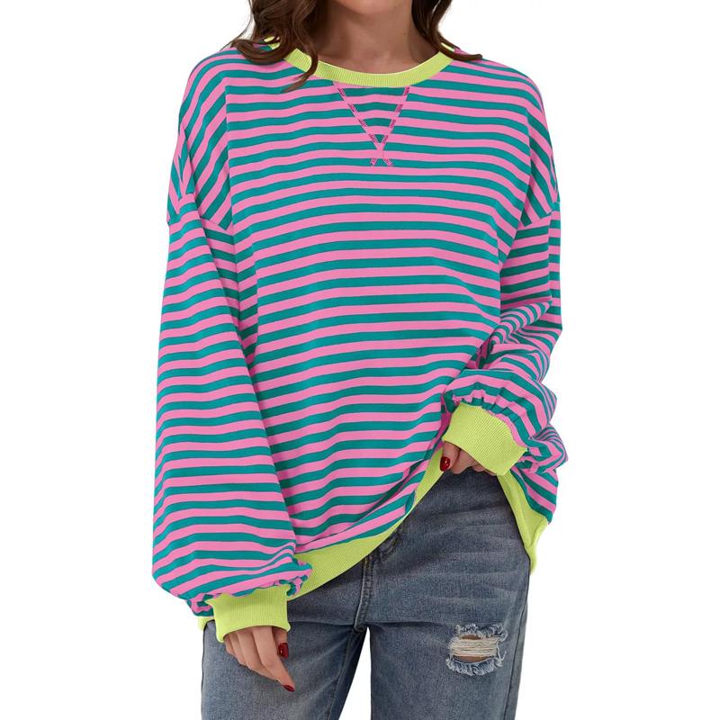 Autumn Winter Casual Loose Women's Cotton Sweatshirts Striped Pattern Crew Neck Full Sleeve Sports Hoodie