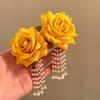 1 Pair with Beads Tassel Yellow Rose Earrings Temperament Chinese Rose Earrings  Birthday
