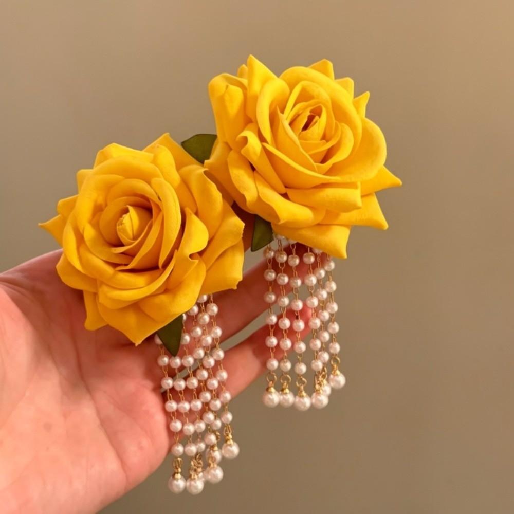 1 Pair with Beads Tassel Yellow Rose Earrings Temperament Chinese Rose Earrings Birthday