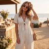 Women Casual Loose Fit Short Sleeve V Neck Washed Denim Pocket Jumpsuit Wide Leg Romper with Tie Front Detail