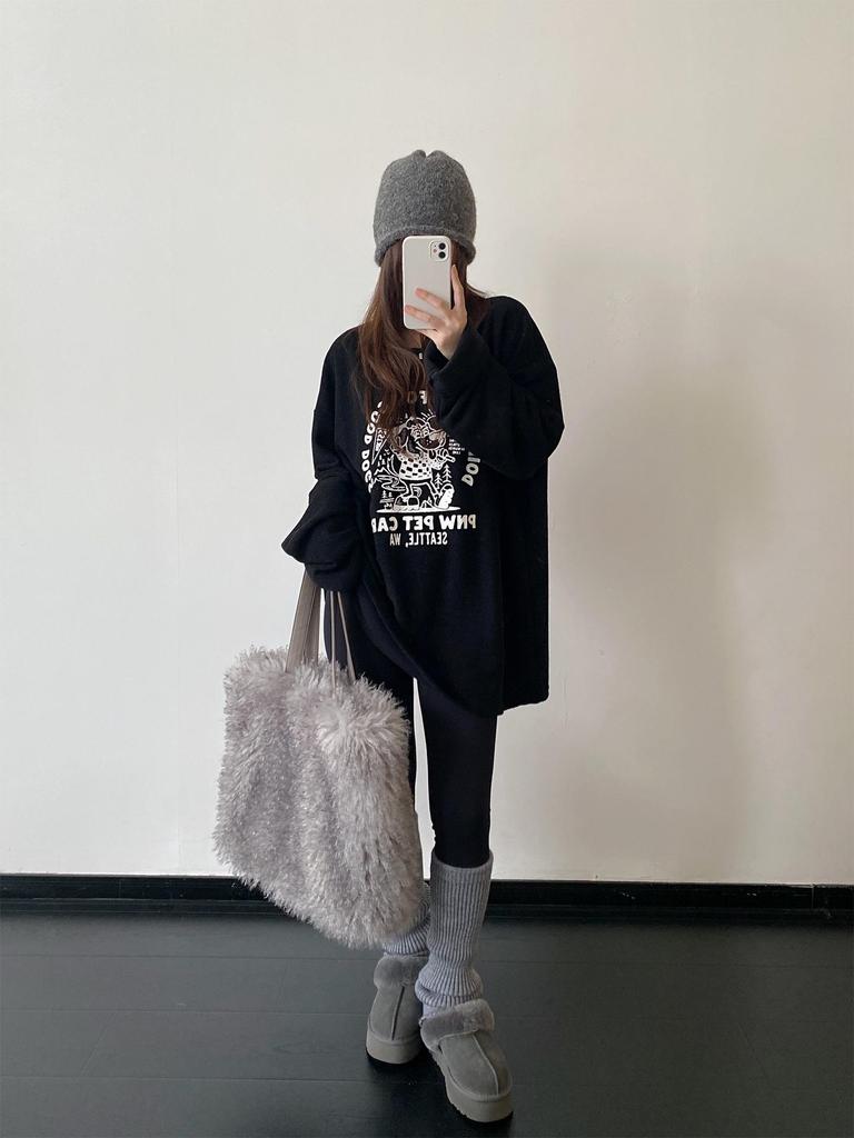 Trendy Plus Size Grey Printed Sweatshirt for Women - Long Sleeve, Round Neck, Loose Fit