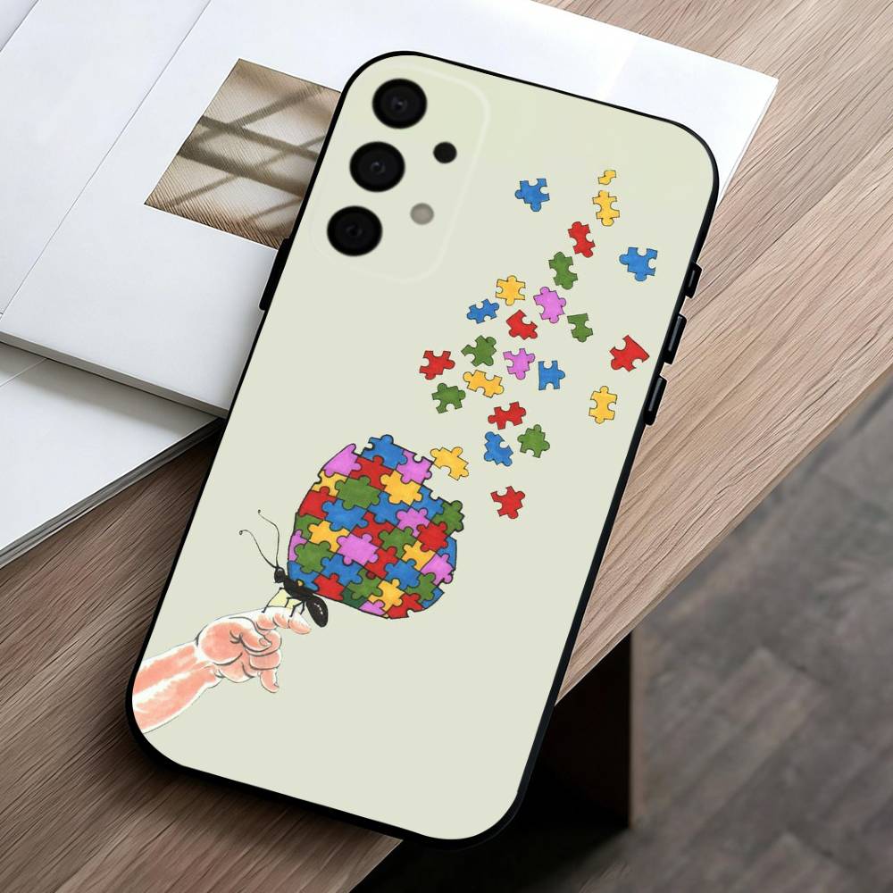 Puzzle Art Support Autism Phone Case For Samsung Galaxy A73,A72,A71,A70,A53,A52,A51,Others Soft Black Shell