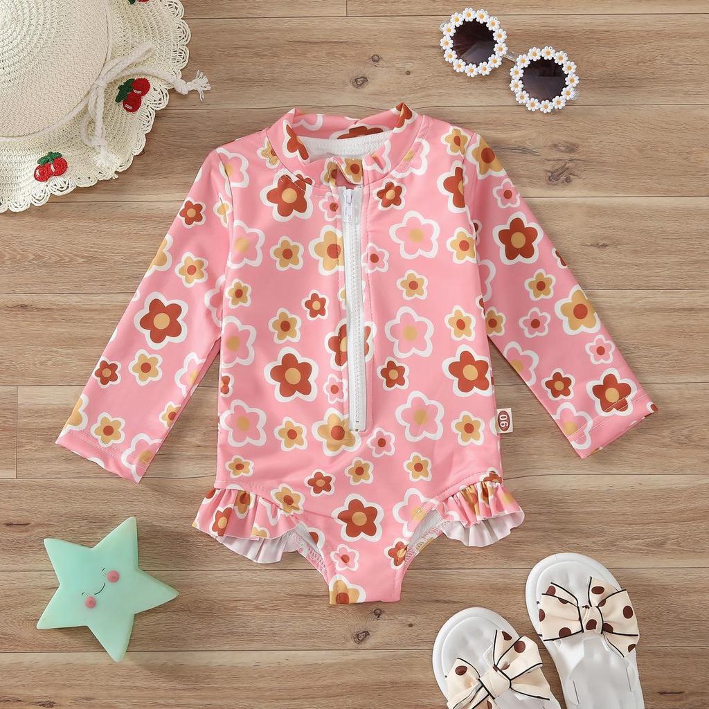 Kids Baby Girl Swimsuits Summer 2024 Floral Long Sleeve Zipper Ruffles Jumpsuit Swimwear Beachwear Bathing Suits