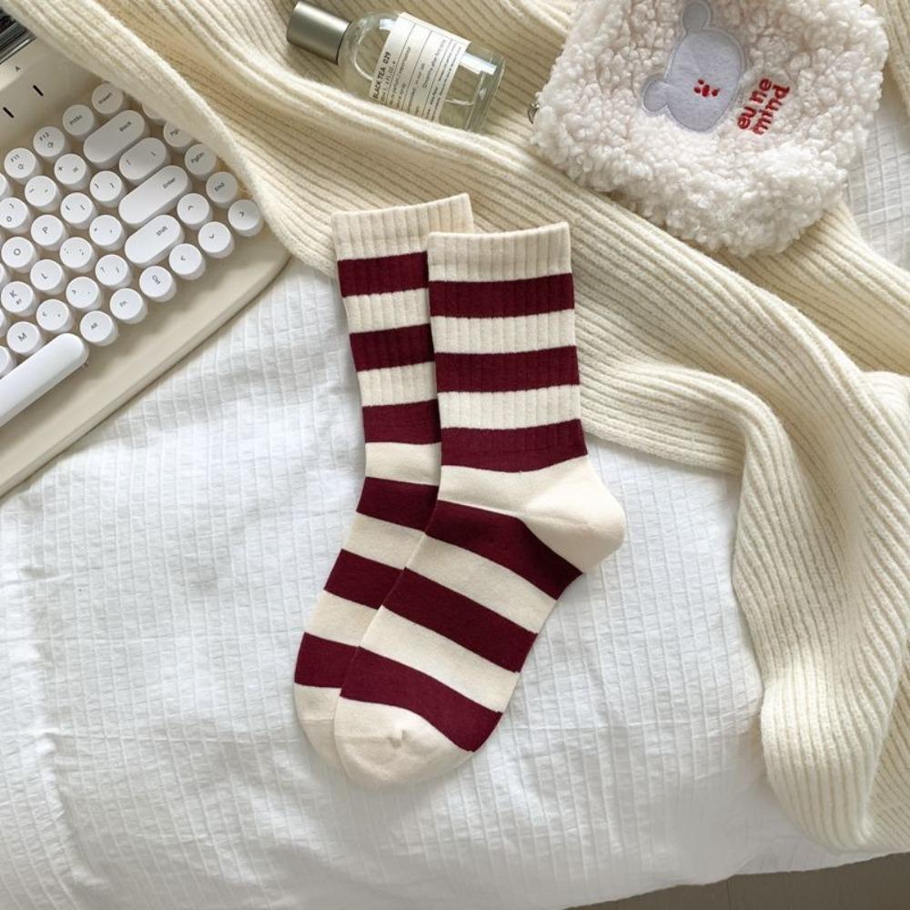 Red Bow Female Elastic Striped Socks Knitted Middle Tube Socks Snow Boot Socks  Christmas Gift