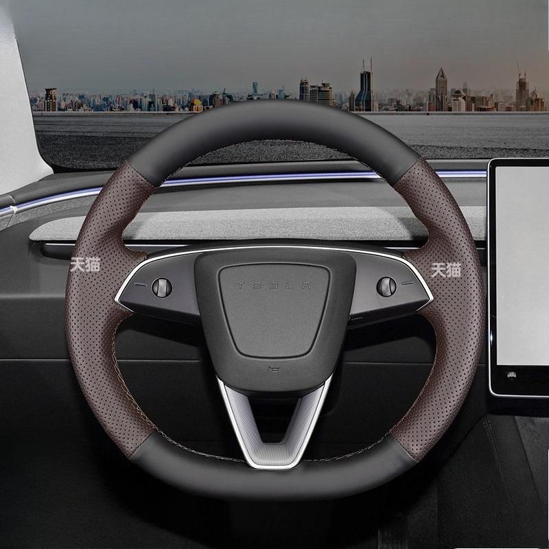 Hand-Stitched Non-Slip wear resistant Black white  Leather Car Steering Wheel Cover For Tesla New Model 3 Highland 2024