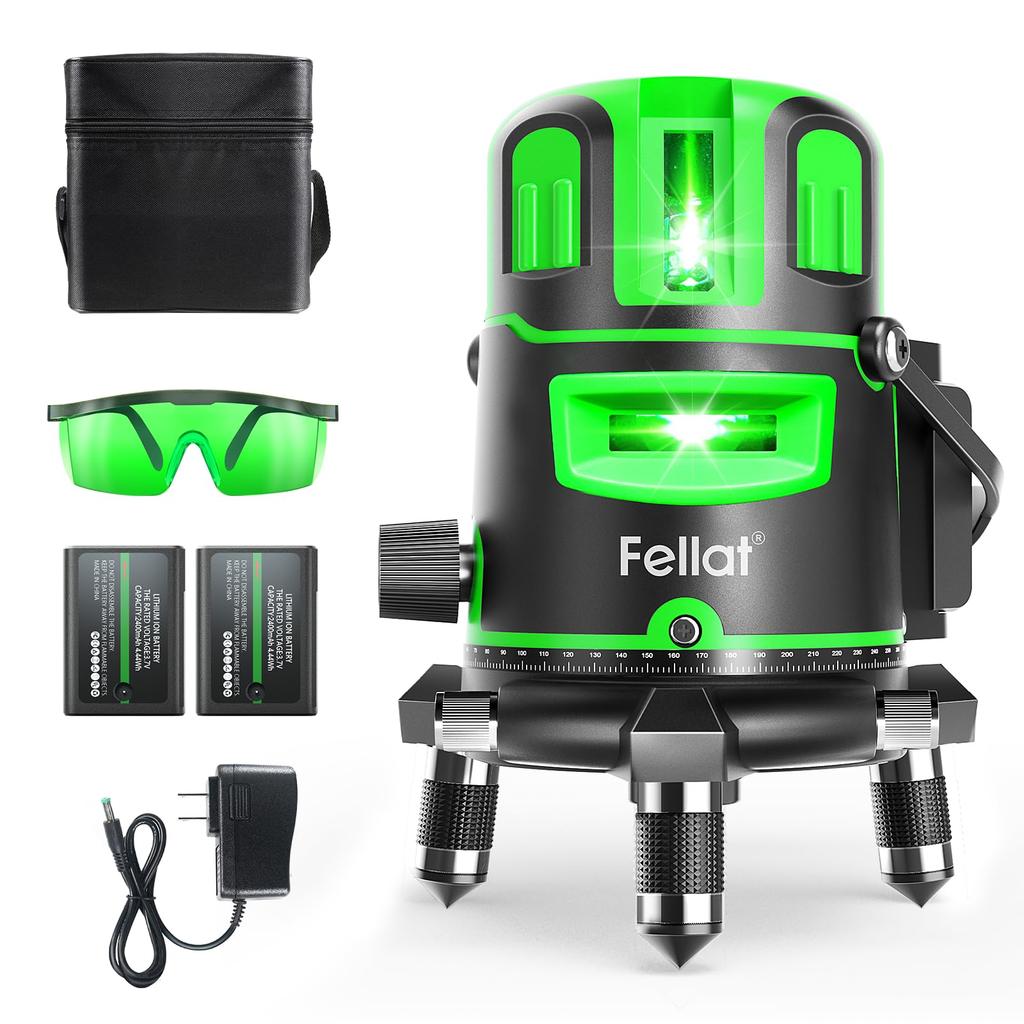 FELLAT 5-Line Green Laser Level with Self-Leveling, Tilt Mode & Receiver Support (Japanese Manual Included)