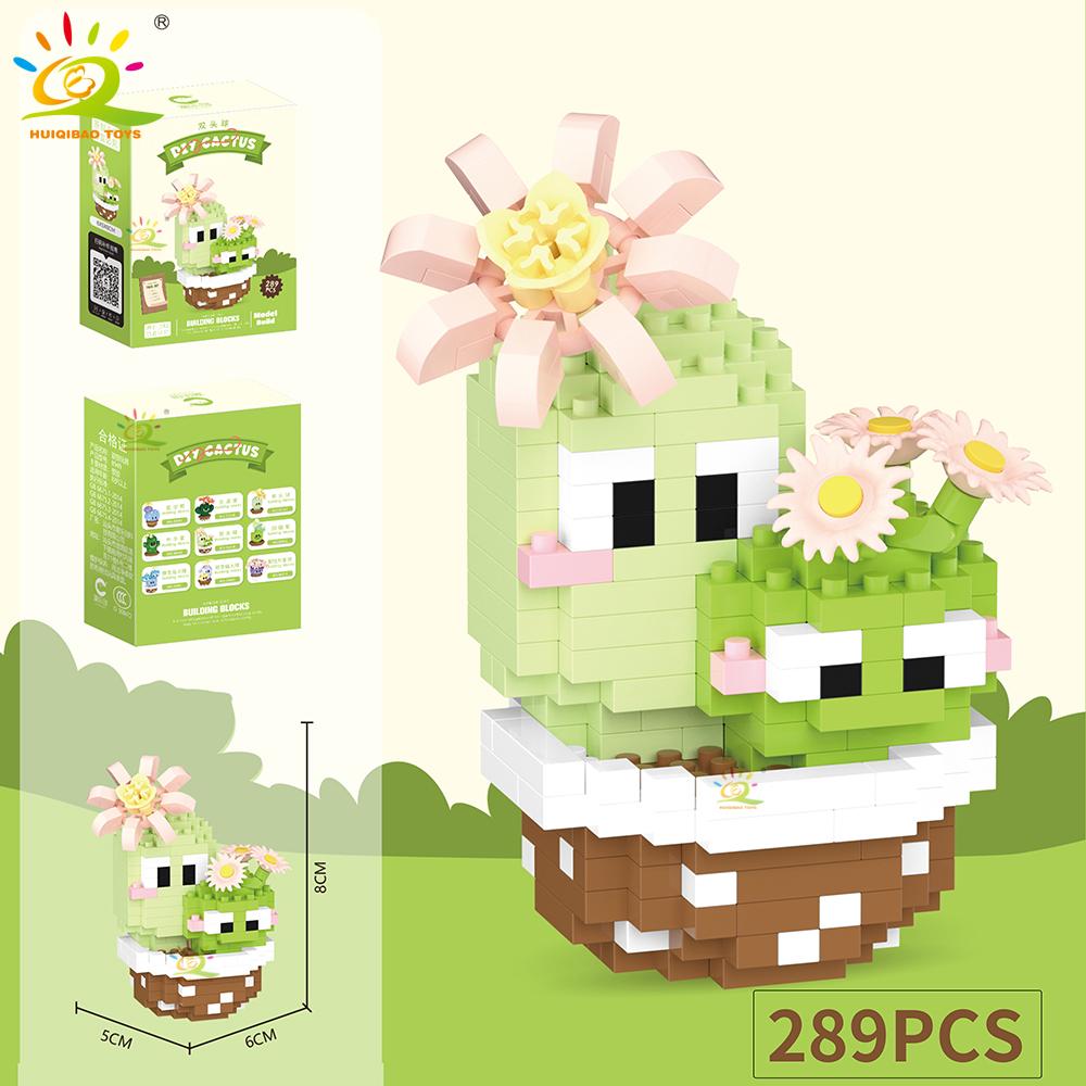 HUIQIBAO Mini MOC Cactus Potted Plant Micro Building Block 3D Diamond Flower Desk Decoration Model Brick DIY Toys for Children
