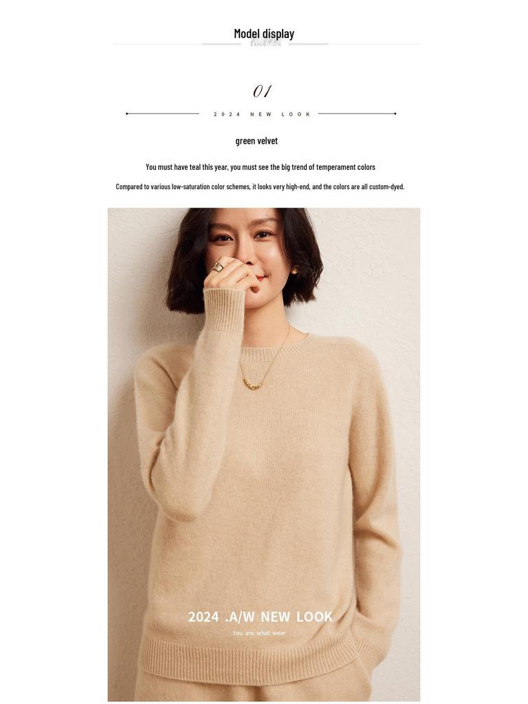 Versatile Cashmere Sweater: Women's Long Sleeve, Round Neck, Comfortable, Loose Fit, Solid Color, Lazy Knit for Autumn and Winter.