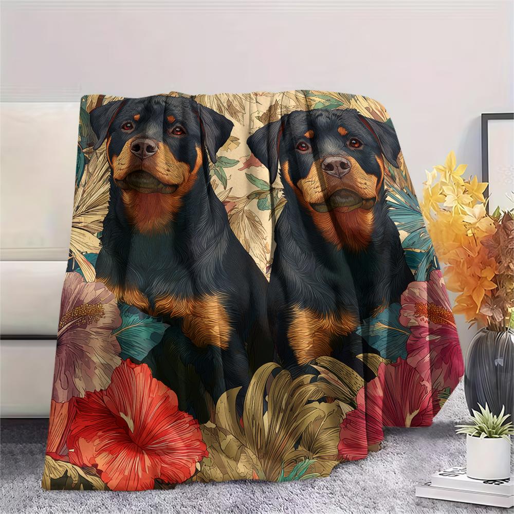 Rottweiler und Blätter, Muster Flanelldecke, Hohe Qualität, Bequem für alle Jahreszeiten, Heimdekoration, Wärme und Komfort, Perfekt für Geschenke.