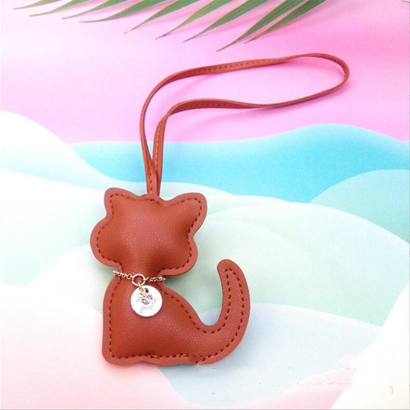 Fashion PU Leather Cat Pendant Keychain Cute Animal Keyring Women Bag Charm Handbag Hanging Decoration For Girl Gifts