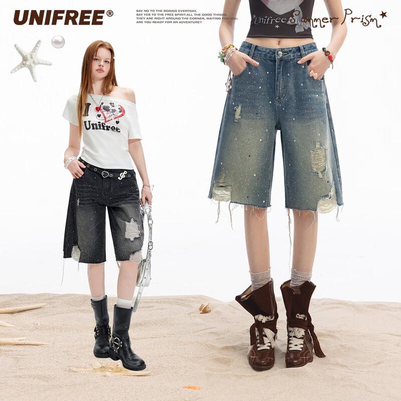 UNIFREE Retro Rhinestone Distressed Denim Shorts S