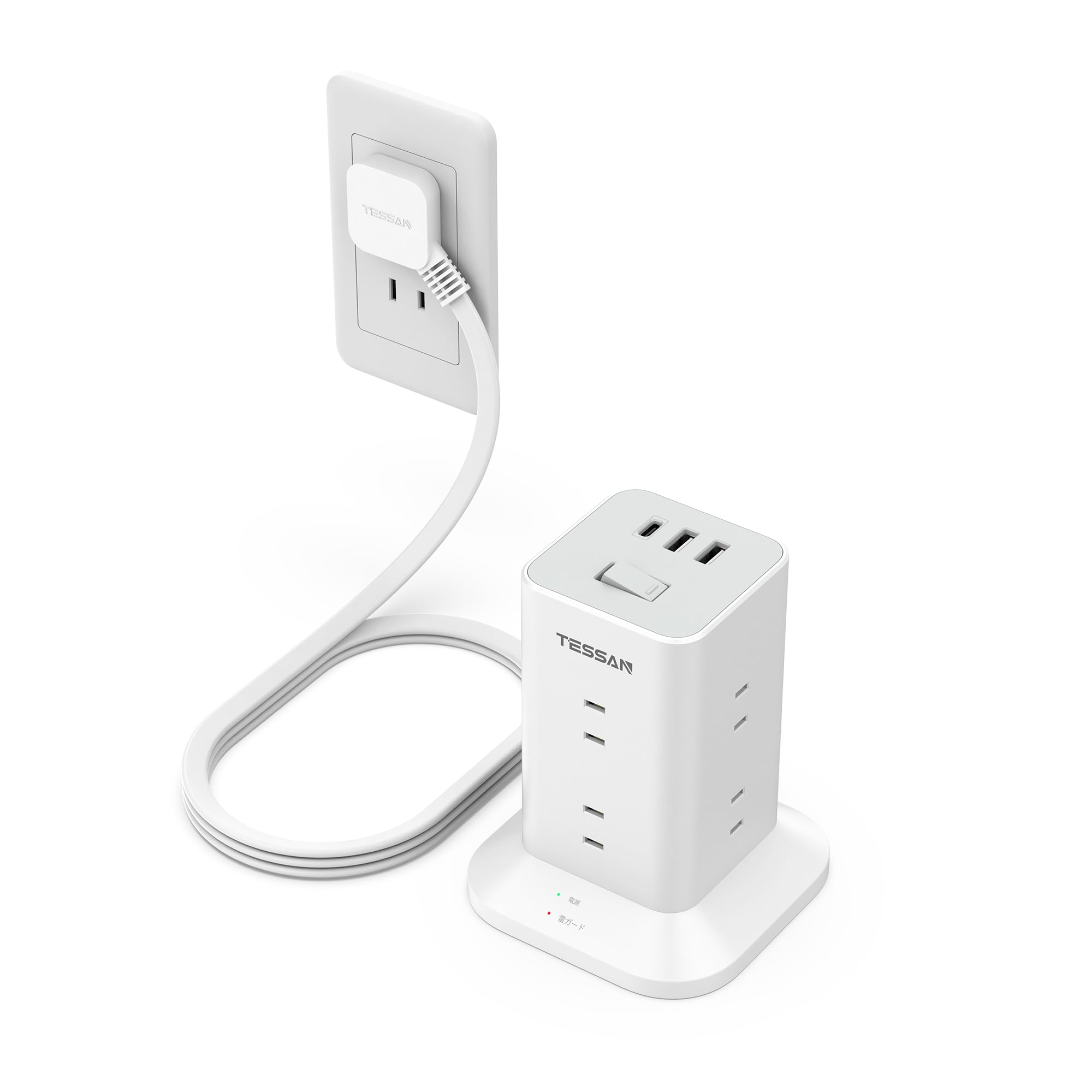 

TESSAN Power Strip with Slim Plug Extension 8 AC 1 and 2 Compatible with Lightning and a Central Tower-Style Cord, 2m, Outlets, USB-C Port, USB-A сірий колір