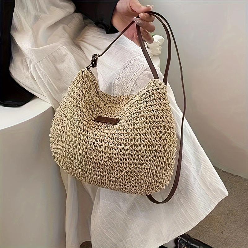 Large Capacity Straw Shoulder Bag With Zipper New Handmade Woven Bag Versatile Crossbody Bag For Women Vacation Beach Bag