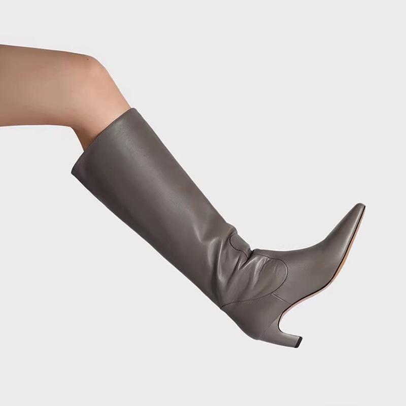 

Ботинки из коровьей кожи первого слоя белые ботфорты женские корректирующие ноги тонкие высокие рыцарские ботинки 2025 новинка 40 серый