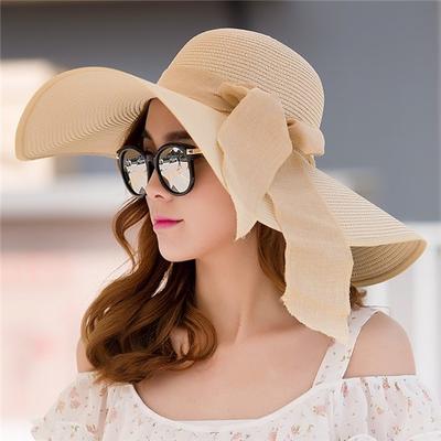 Summer Large Brim Straw Hat Floppy Wide Brim Sun Cap Bowknot Beach Foldable Hats