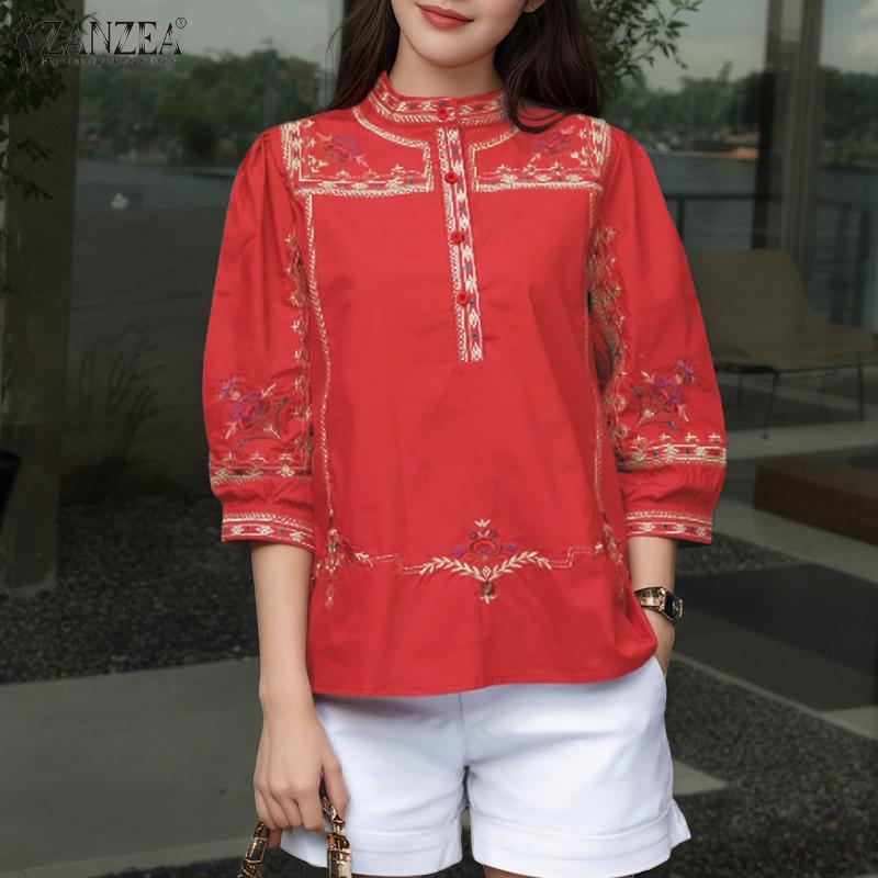 ZANZEA Women Casual Stand Collar Loose 3/4 Sleeve Print Blouse