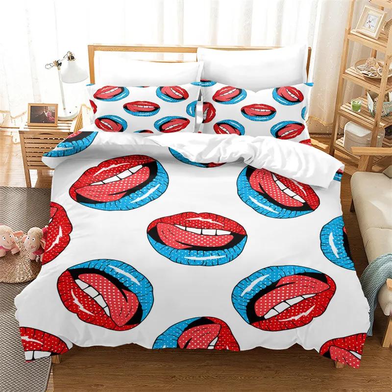 Housse de couette impression 3D Taille King Ensemble de literie Amour Motif Baisers Lèvres Housse de couette Décoratif Pour Femmes Filles Amoureux