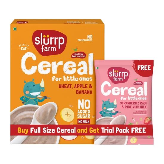 

Slurrp Farm No Added Sugar Instant Wheat Apple & Banana Cereal | Free Strawberry Cereal Trial Pack | 300g + Free 50g 400GM