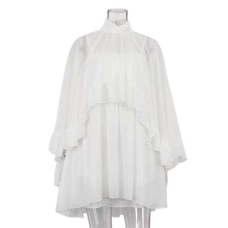 

New French style Sunscreen See-through Cover up Top Suspender Skirt Two-piece Set Strap Skirt and Top Set White L