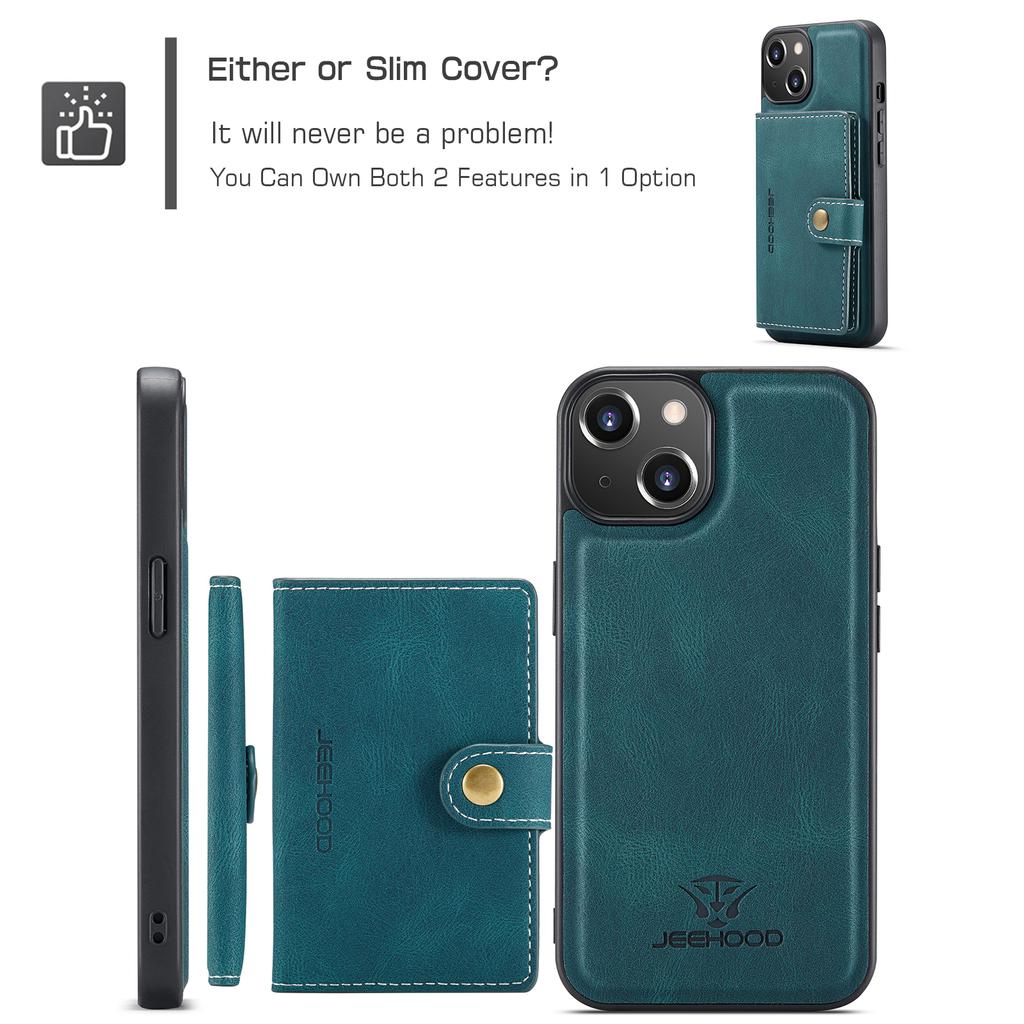 For iPhone 13 mini 5.4 inch Case JEEHOOD J01 Retro Leather Phone Back Cover with Detachable Magnetic Card Holder