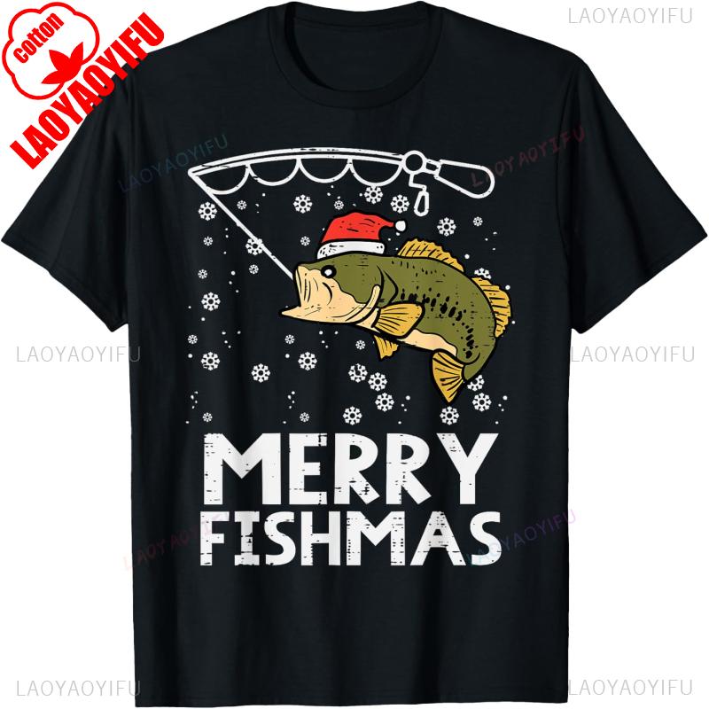 Merry Christmas Fishmas Funny Fish Fishing Xmas Dad Unisex Loose TShirt Casual Style Unisexs Graphic Tshirts Tops Tee Shirt Short