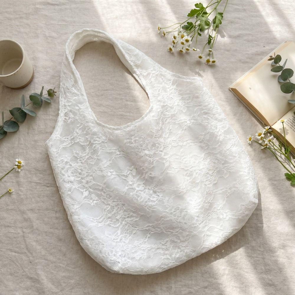 Lightweight Flower Tote Bag Korean Style Floral Canvas Bag Elegant Lace Shoulder Bag  Outdoor
