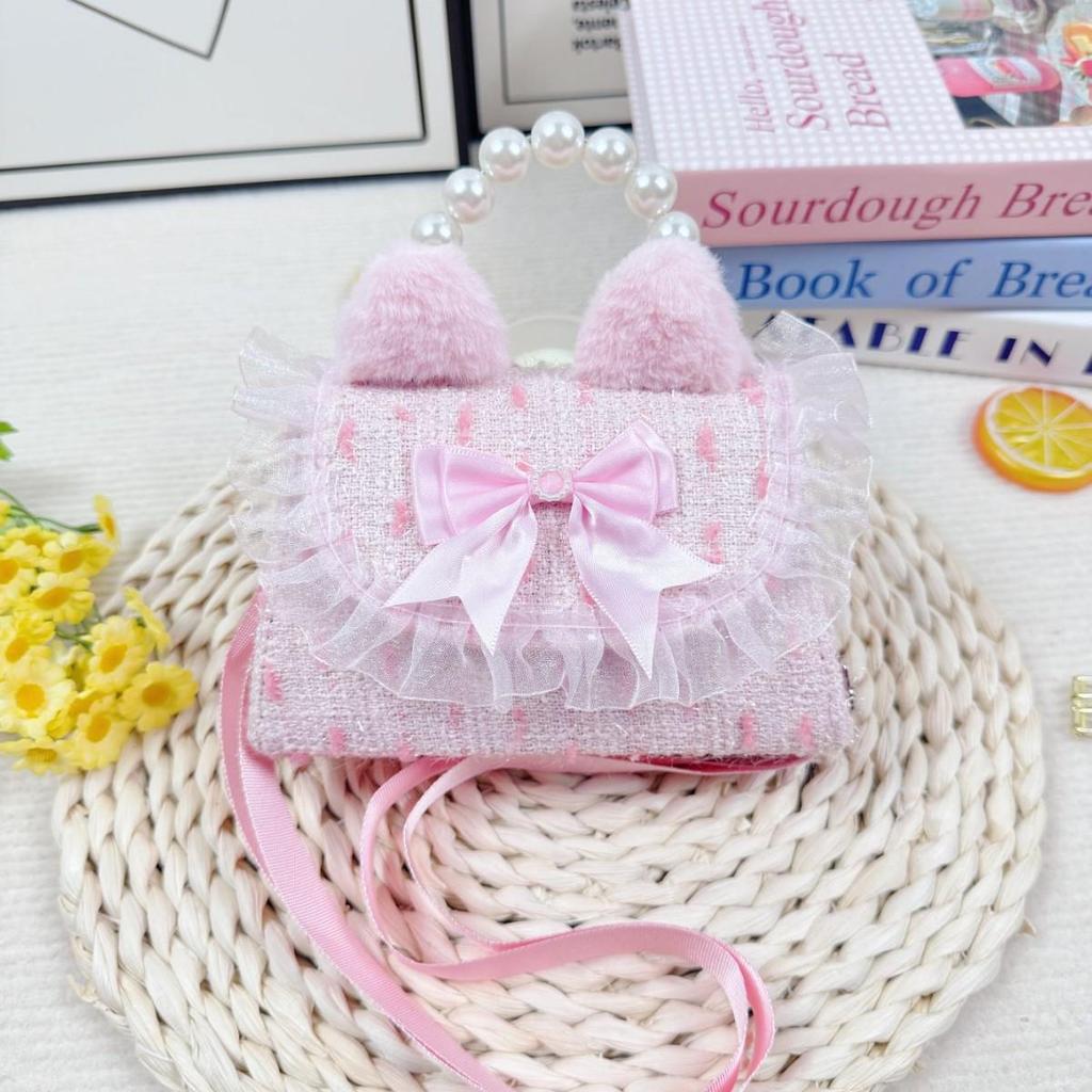 Cute Butterfly Crossbody Bag with Pearl Accent and Plush Rabbit Ears for Little Girls