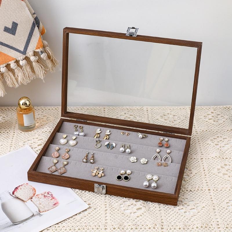 Chic Wood Earring Holder with Lid Wood Jewelry Collection Box with Partitions and Lid Elegant Presentation Tray