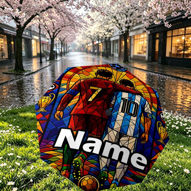Custom Name Personalized Lionel Messi Print Umbrella, Auto Open Close, 8‑Rib Sturdy Frame, Commute Camping Hiking Use, Birthday Gift