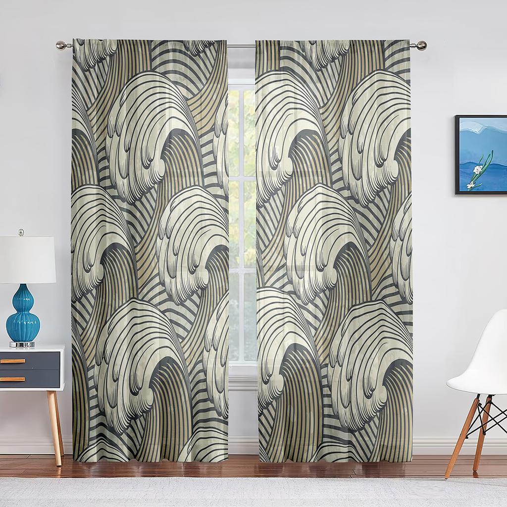 Oriental Culture Hand Drawn Style Japanese Motifs Illustration Wave Tulle Curtains for Living Room Bedroom Sheer Curtain Kitchen