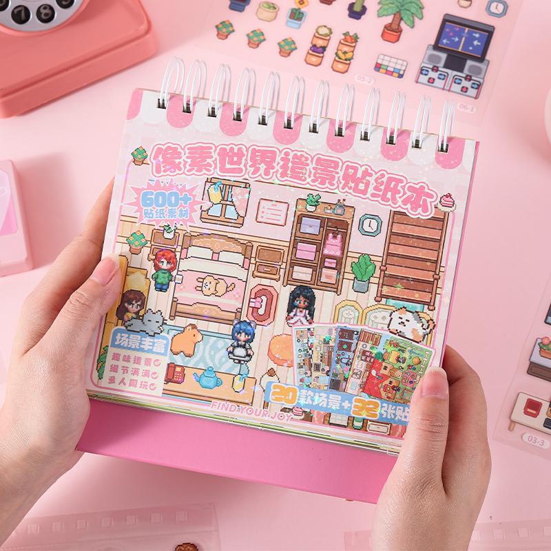JIAMEI 20in1 Pixel World Series Kawaii Cartoon 3D Miniature Scene Stickers Book DIY Hand Stacking Paste Fun Scrapbook Stickers