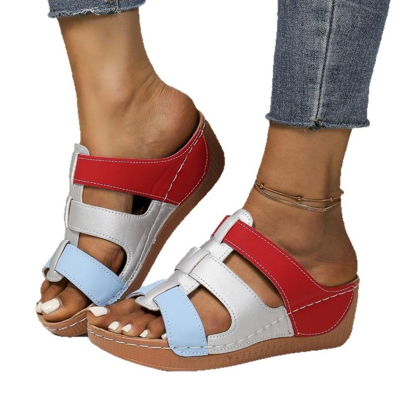 Spring and summer color matching casual hollow thick-soled muffin cool slippers women wear one-character slippers large-size sandals