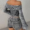 Long Sleeve Printed Leopard Print Top off-Shoulder Navel Leopard Print Print Top