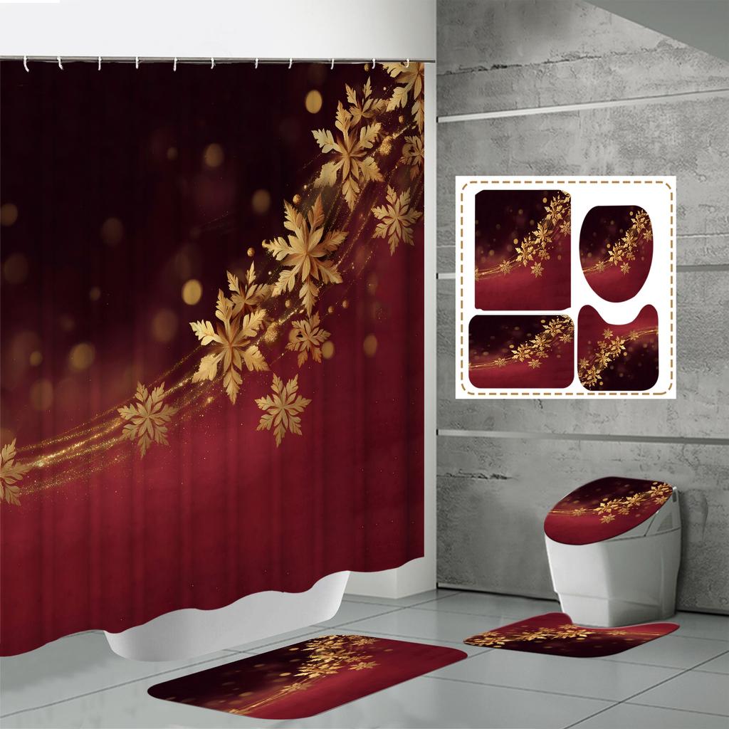 4 buc Seturi Perdea de Duș Cu Perdea de Duș și Covoare Covor Capac Toaletă Covoraș în Formă de U și Covoraș de Baie Set Baie Cu 12 Cârlige