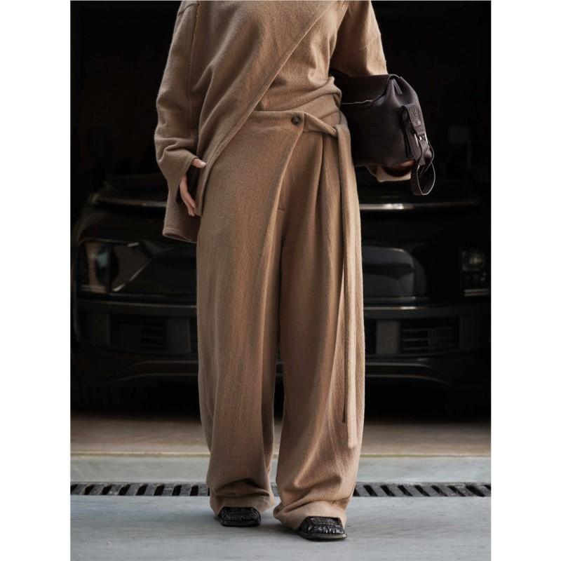 Johnature French Fashion Lace-up Wide-leg Pants Autumn Winter Casual Long Loose Women Trousers