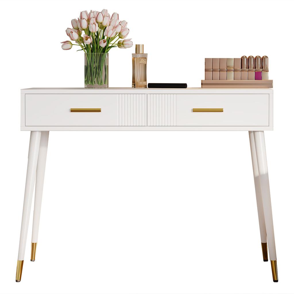 Makeup Table, Dressing Table, Desk with 2 Drawers, Metal Legs, White, Dimensions: H 76 cm × W 100 cm × D 40 cm (without mirror)