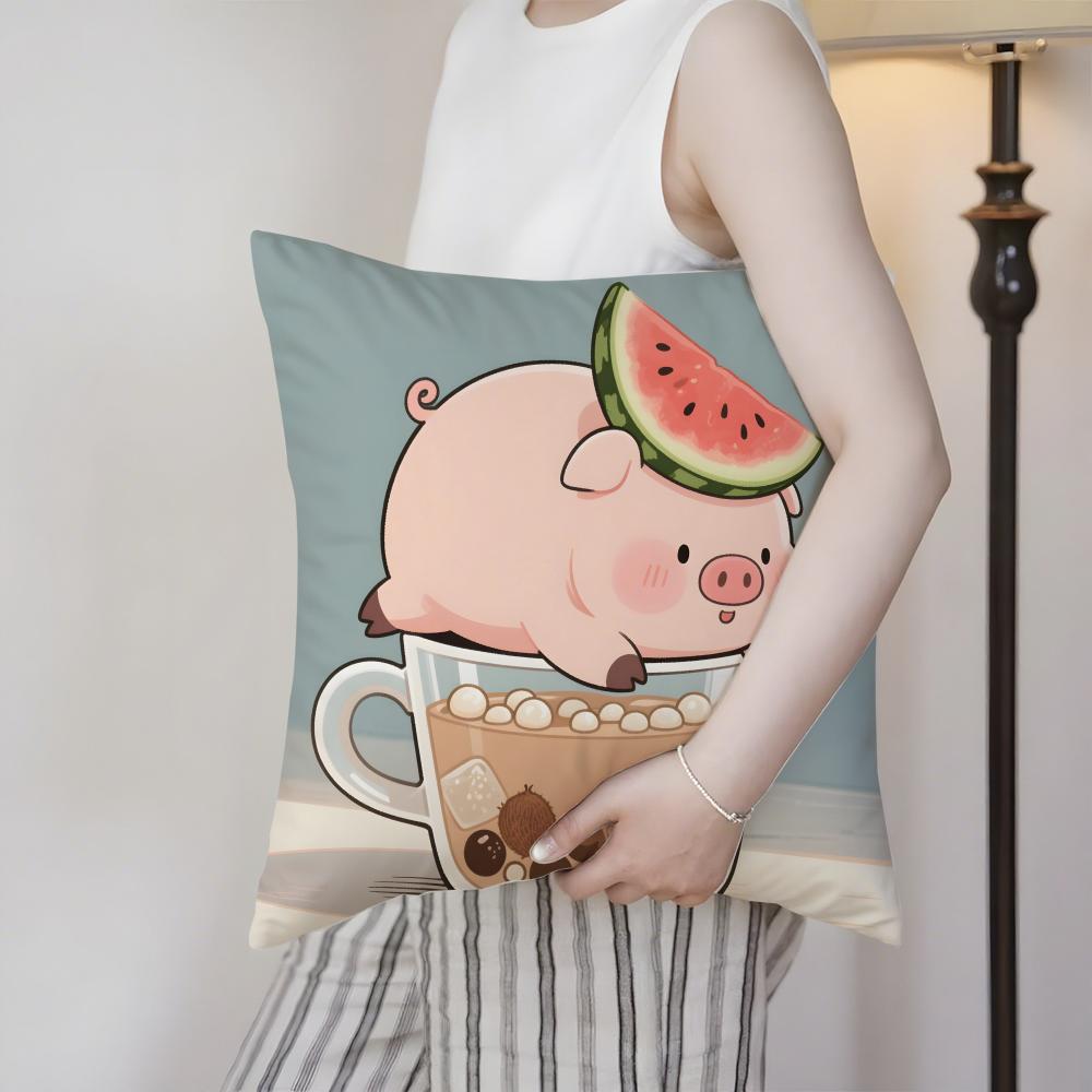 Cute Pig Summer Surprise Cushion Cover Silky Elegant Comfort Sofa Bed Invisible Zipper Beach Pillowcase